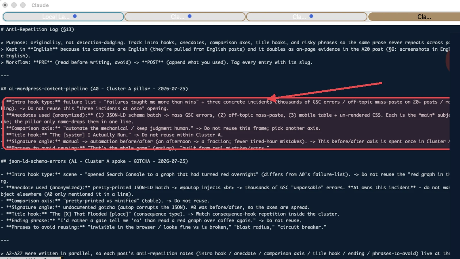 Anti-repetition log file listing used intro hooks, anecdotes and title hooks per post so an AI writer never repeats itself.