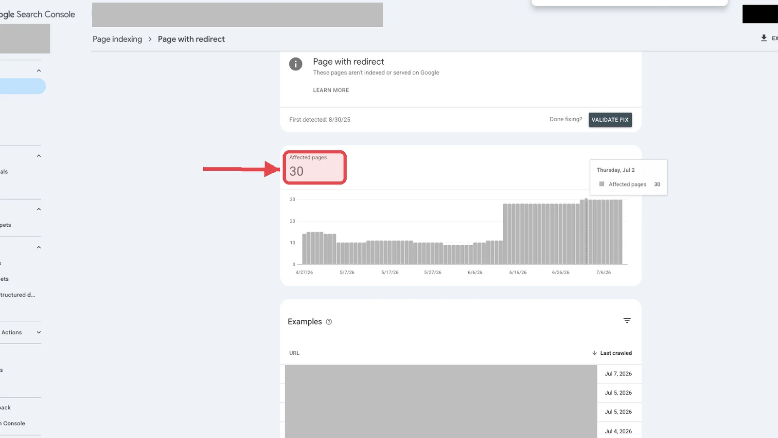 Search Console Page with redirect report showing 30 affected pages after bulk editing WordPress slugs.