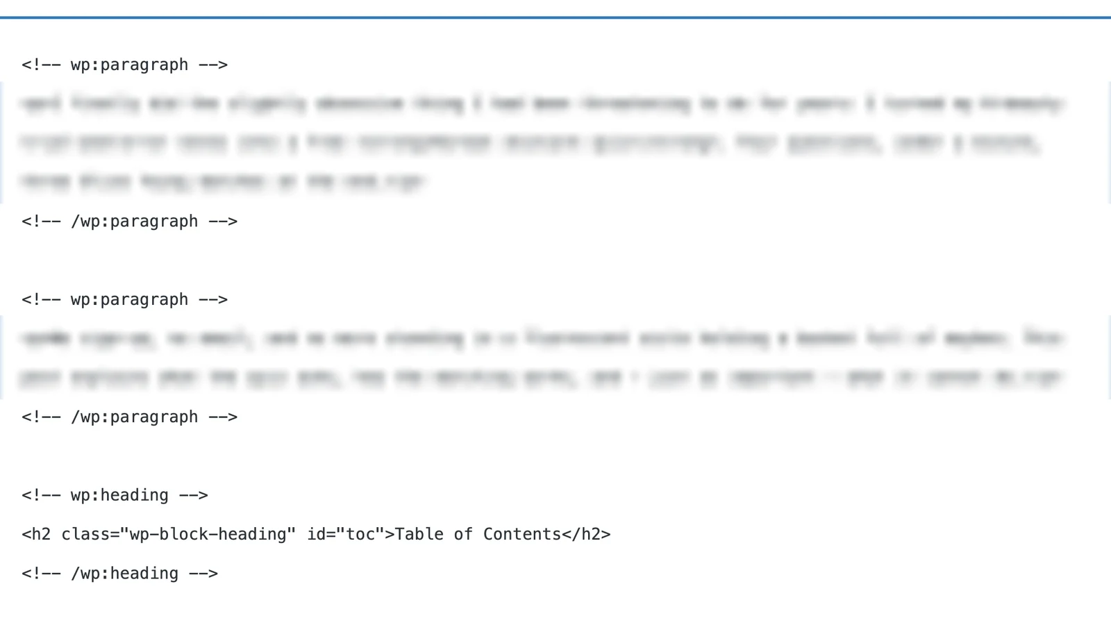 WordPress code editor showing Gutenberg block comment markup on a live post, the disk versus live difference that makes wholesale pushes destructive.