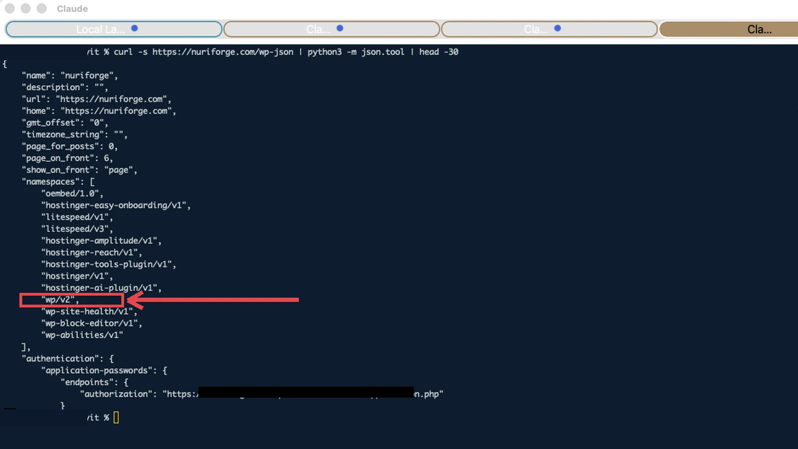 Terminal curl of a WordPress wp-json root showing the wp/v2 namespace, the first step before you edit live WordPress posts via REST.