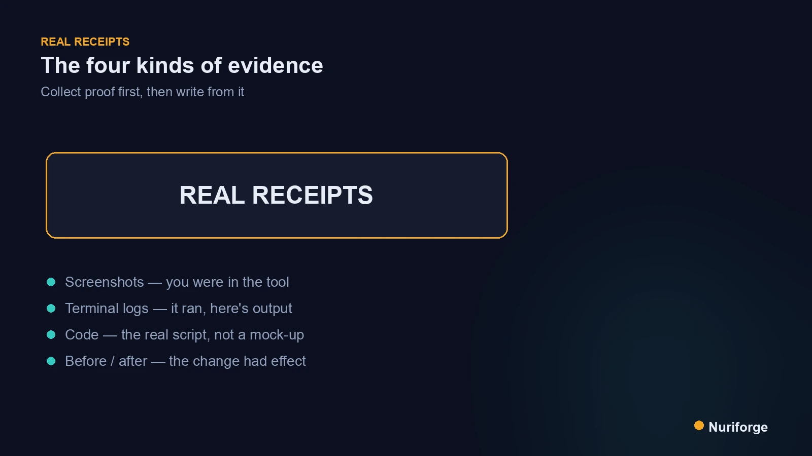 Concept diagram of real receipts for E-E-A-T, showing screenshots, terminal logs, code, and before-and-after evidence.