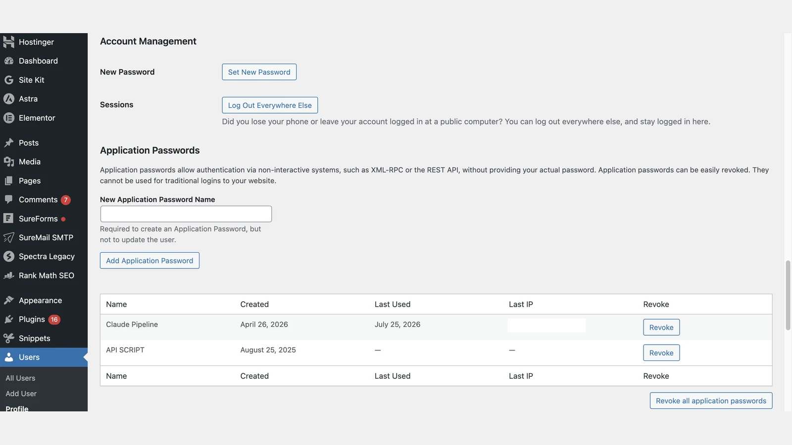 WordPress admin Application Passwords screen used to harden self-hosted WordPress with per-integration credentials instead of a shared login.