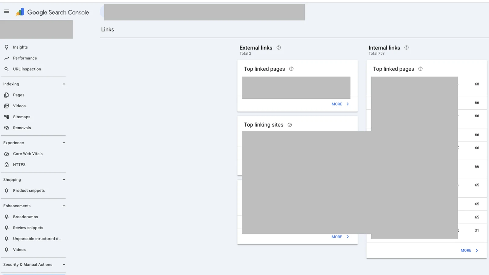 Search Console internal links report used to cross-check an internal link map built from live published and scheduled posts.