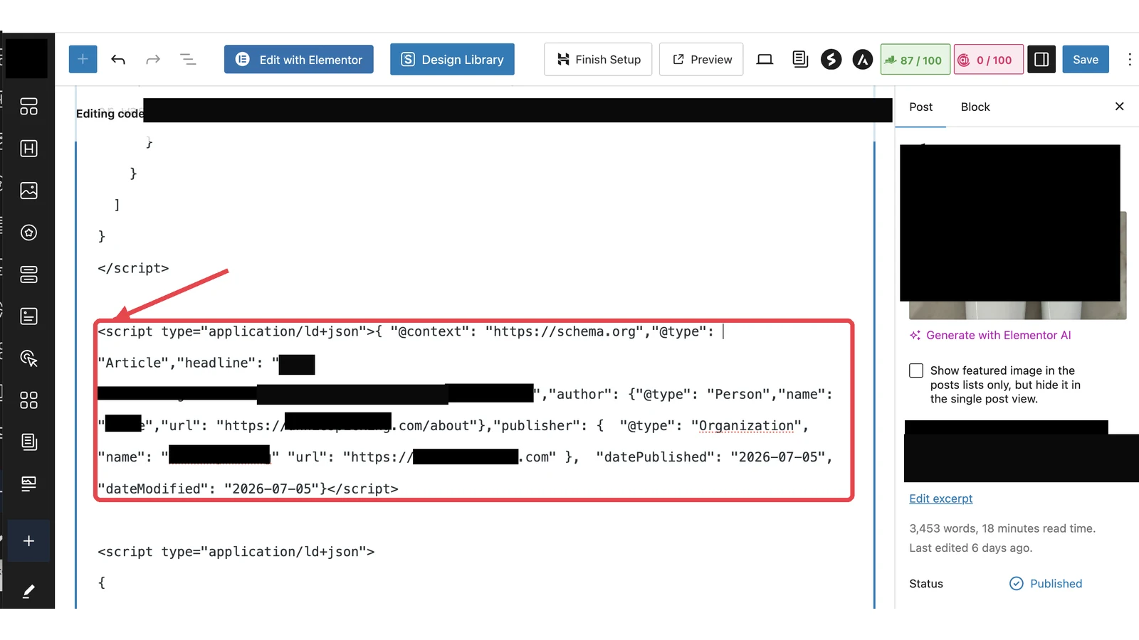 WordPress code editor showing the payoff when you minify JSON-LD: the schema block surviving as one line in a live post.