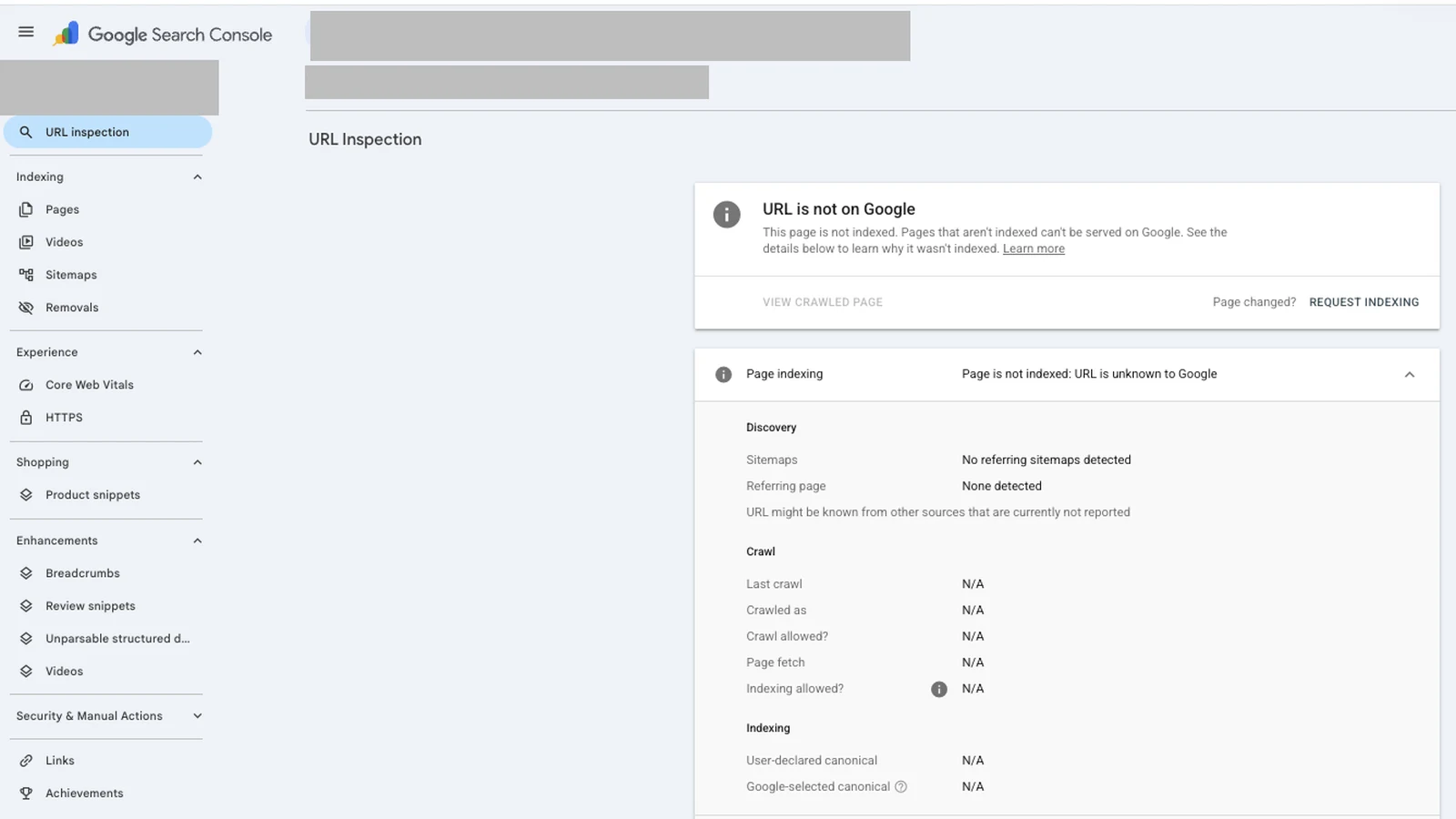Search Console URL Inspection result in the post-publish indexing loop, showing a URL not yet on Google beside the Request Indexing button.