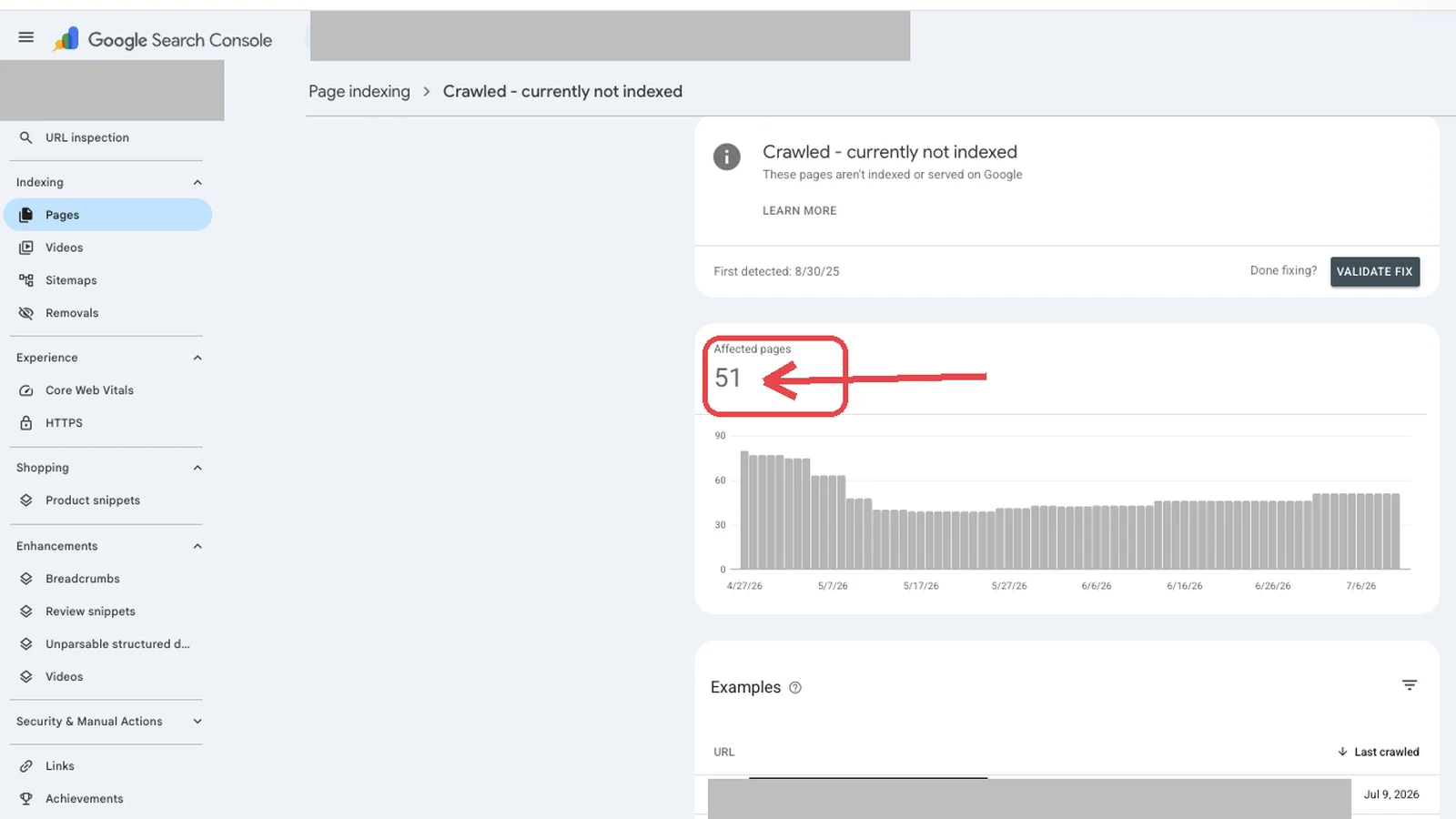 Search Console page indexing report showing 51 pages stuck in crawled not indexed status.