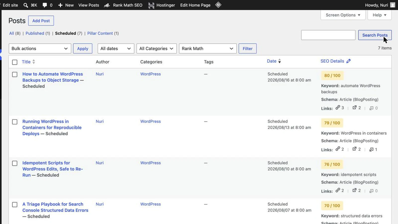 WordPress admin Posts list showing seven posts with status Scheduled and future dates, the result of using the REST API to schedule WordPress posts.