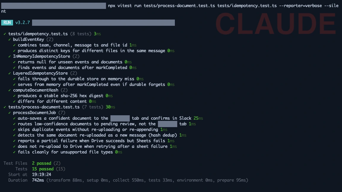 Test run covering duplicate Slack event processing across the event key, document hash and resource lookup layers