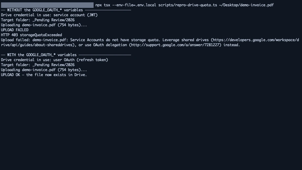 Terminal output showing service account storage quota exceeded on the service-account run and a successful Drive upload on the user OAuth run