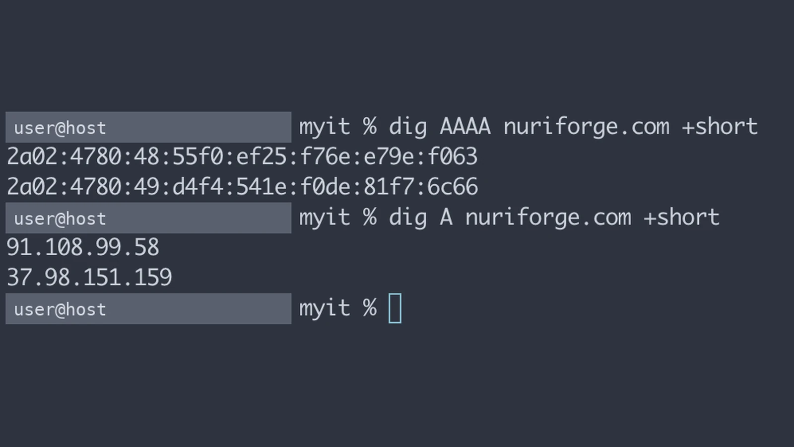 Terminal output of dig AAAA and dig A for a site with both records, illustrating the network coin flip behind one way a pipeline fails silently